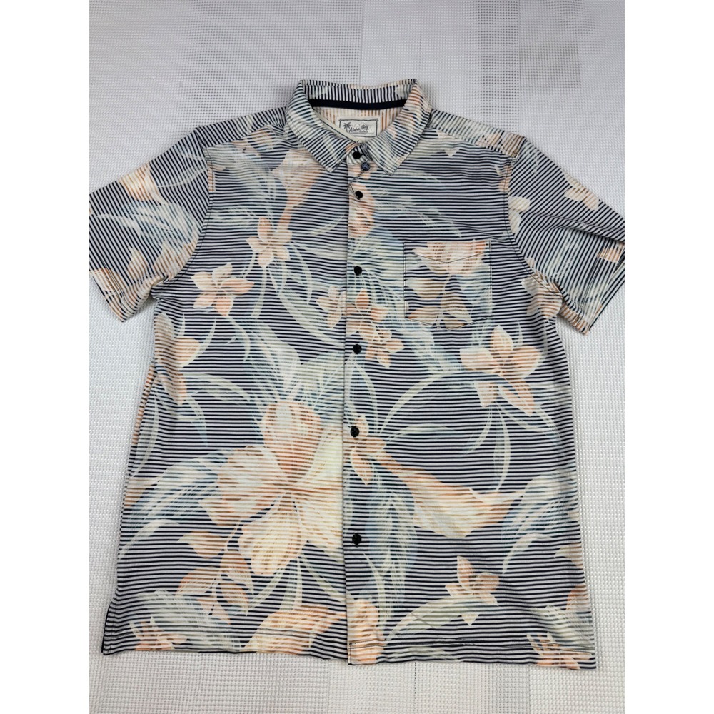 Aloha Bay Mens Large Floral Striped Textured Knit Button Down Shirt Navy New - Picture 11 of 13